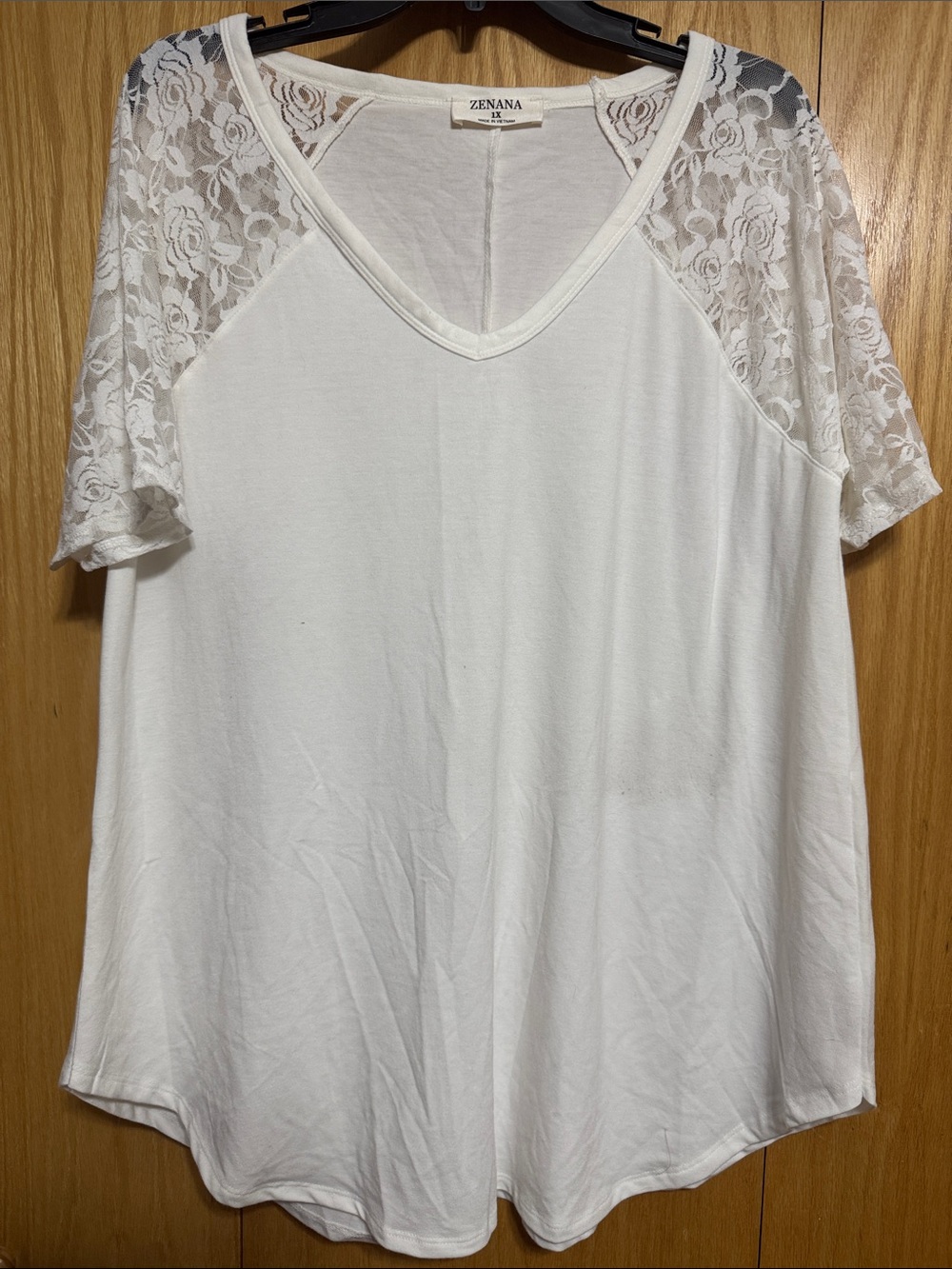 Zenana Outfitters White V-Neck Top with Lace Sleeves